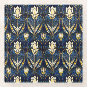Elegant Gold Lotus Faux Stained Glass Pattern Coaster