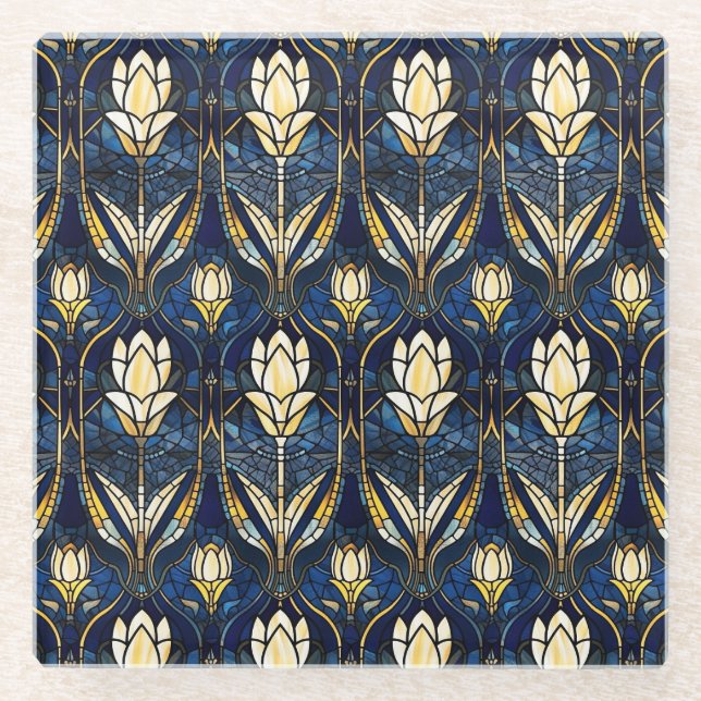 Elegant Gold Lotus Faux Stained Glass Pattern Coaster (Front)