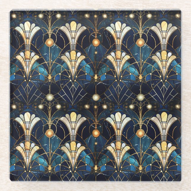 Elegant Gold Lotus Faux Stained Glass Pattern Coaster (Front)