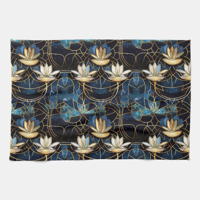 Elegant Gold Lotus Faux Stained Glass Pattern Kitchen Towel (Horizontal)