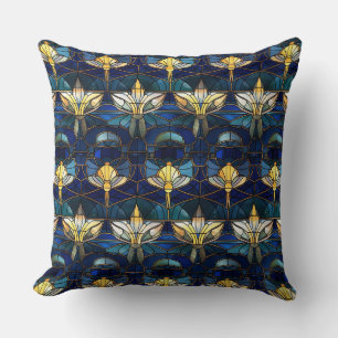 Elegant Gold Lotus Faux Stained Glass Pattern Throw Pillow