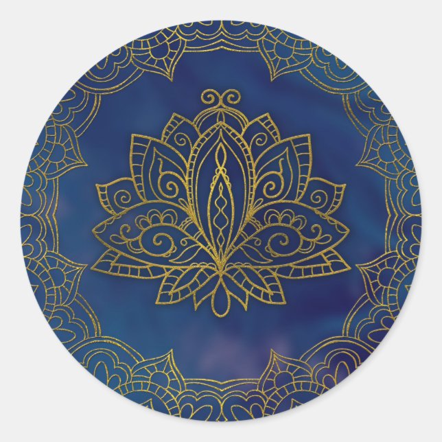Elegant  Gold Lotus flower on blue Classic Round Sticker (Front)