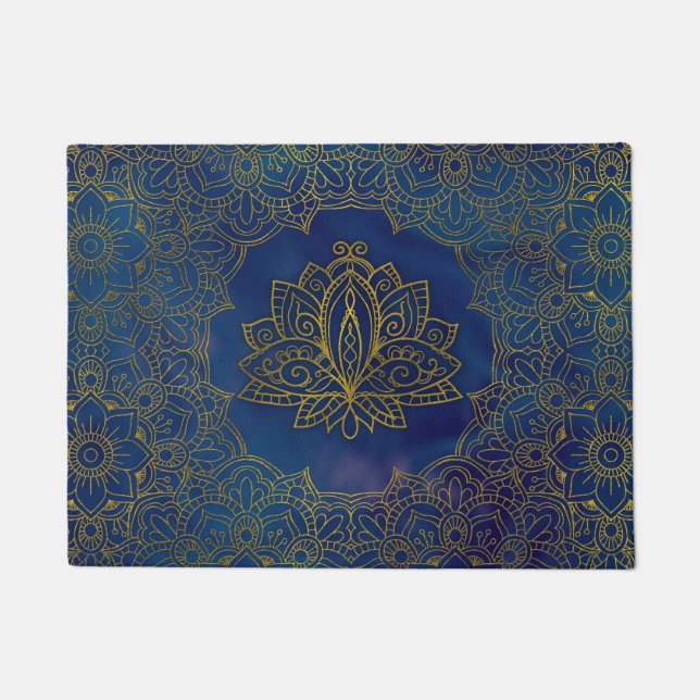 Elegant  Gold Lotus flower on blue Doormat (Front)