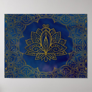 Elegant  Gold Lotus flower on blue Poster