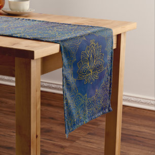 Elegant Gold Lotus flower on blue Short Table Runner