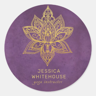 Elegant Gold Lotus Flower Purple Classic Round Sticker