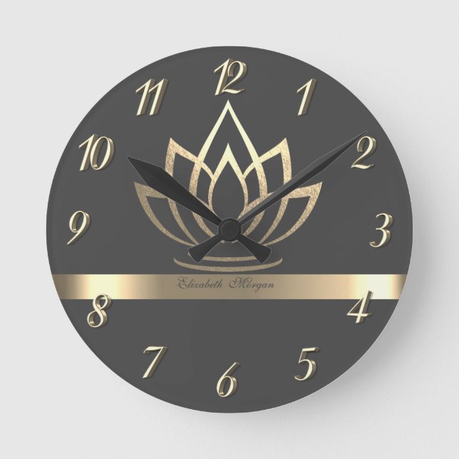 Elegant Gold Lotus, Yoga   Round Clock (Front)