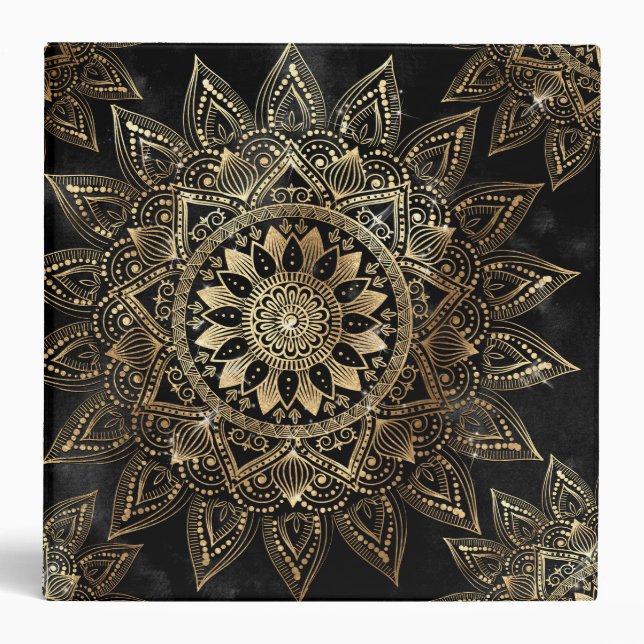 Elegant Gold Mandala Black Design Binder (Front)