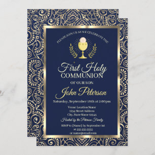 Elegant Gold Mandala Blue First Holy Communion Invitation