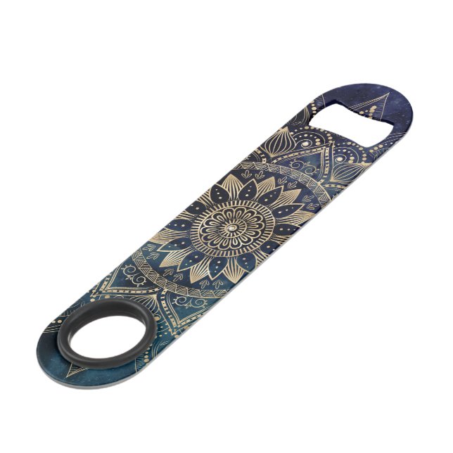 Elegant Gold Mandala Blue Galaxy Bar Key (Front Angled)