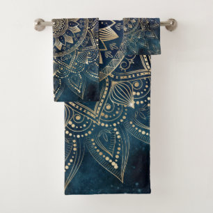 Elegant Gold Mandala Blue Galaxy Bath Towel Set