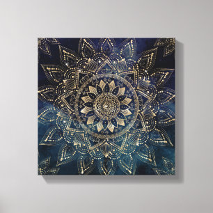 Elegant Gold Mandala Blue Galaxy Design Canvas Print