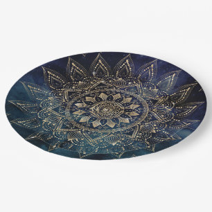 Elegant Gold Mandala Blue Galaxy Design Paper Plate