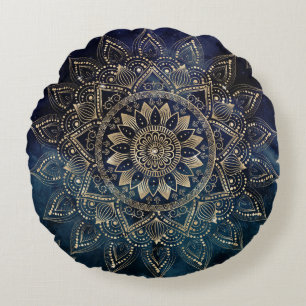 Elegant Gold Mandala Blue Galaxy Design Round Pillow