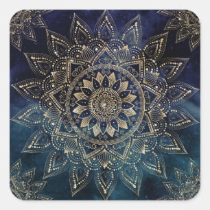 Elegant Gold Mandala Blue Galaxy Design Square Sticker