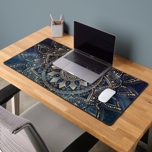 Elegant Gold Mandala Blue Galaxy Desk Mat (Office 2)