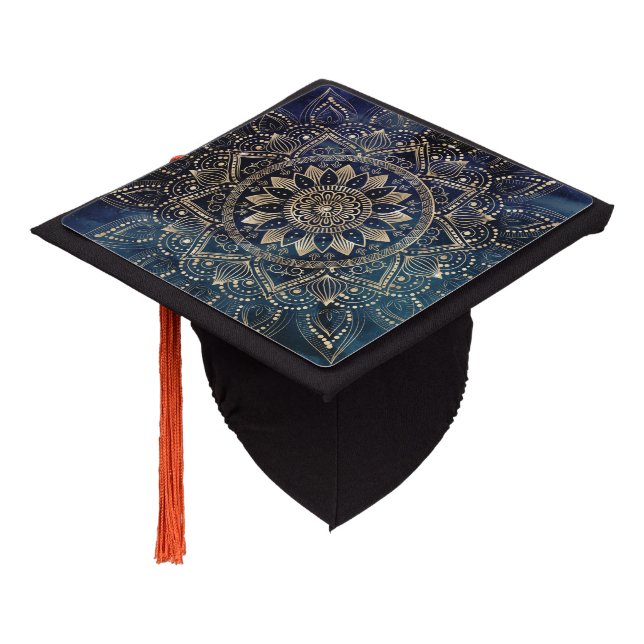 Elegant Gold Mandala Blue Galaxy Graduation Cap Topper (Angled)