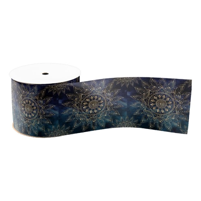 Elegant Gold Mandala Blue Galaxy Grosgrain Ribbon (Spool)
