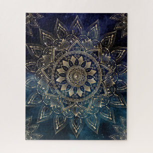 Elegant Gold Mandala Blue Galaxy Jigsaw Puzzle