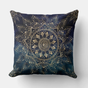 Elegant Gold Mandala Blue Galaxy Throw Pillow