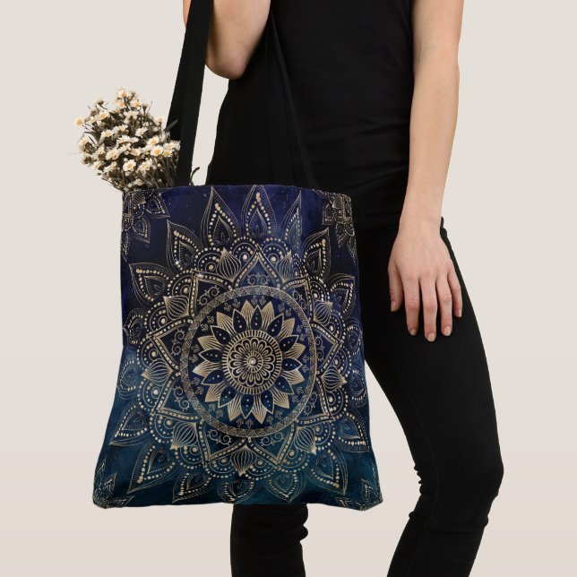 Elegant Gold Mandala Blue Galaxy Tote Bag (Close Up)