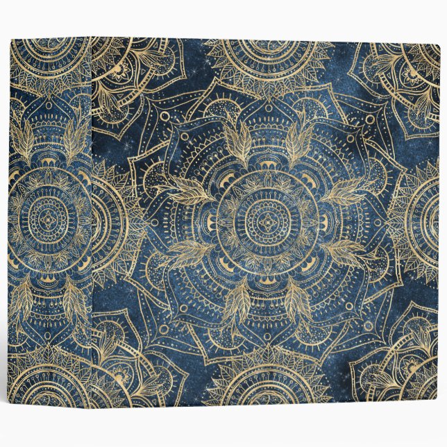 Elegant Gold Mandala Blue Whimsy Design Binder (Front/Spine)