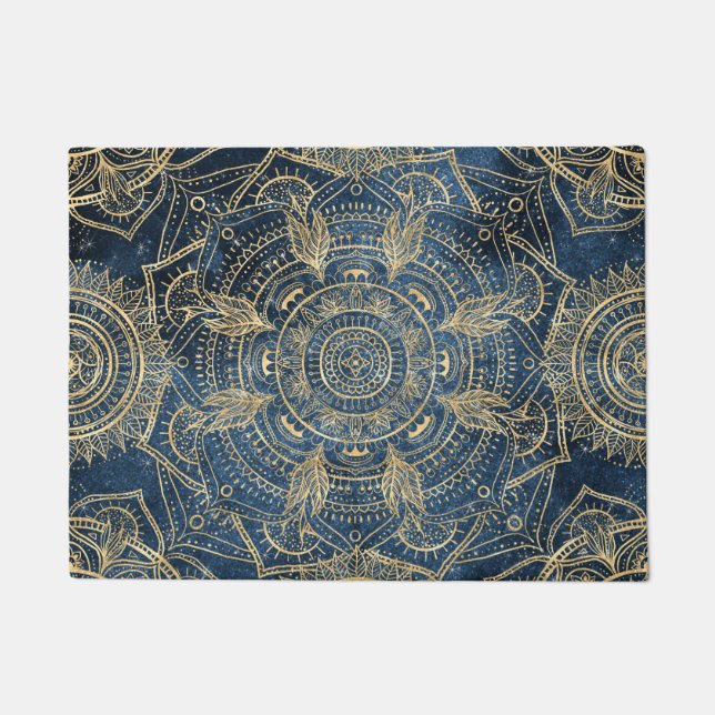 Elegant Gold Mandala Blue Whimsy Design Doormat (Front)