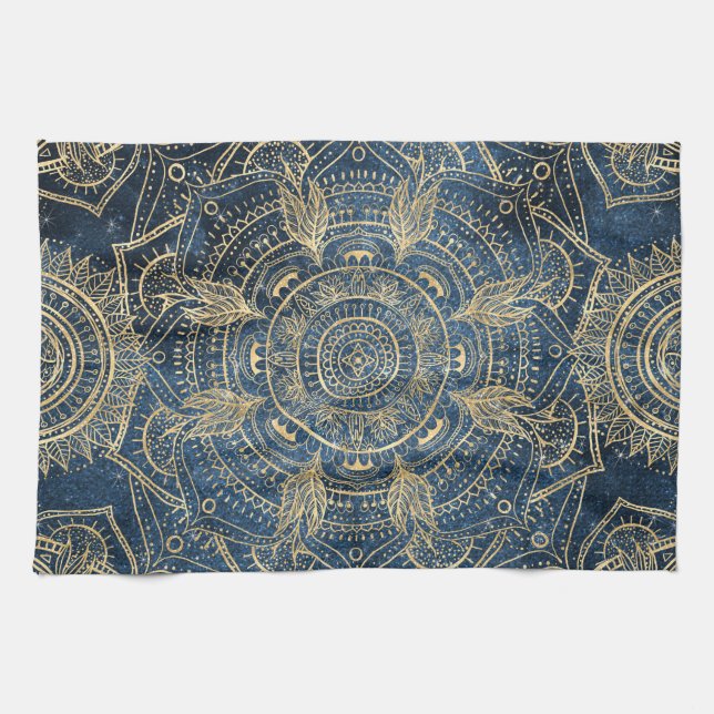 Elegant Gold Mandala Blue Whimsy Design Kitchen Towel (Horizontal)