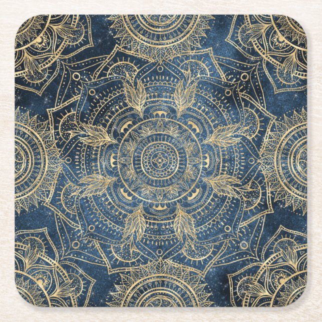 Elegant Gold Mandala Blue Whimsy Design Square Paper Coaster (Front)