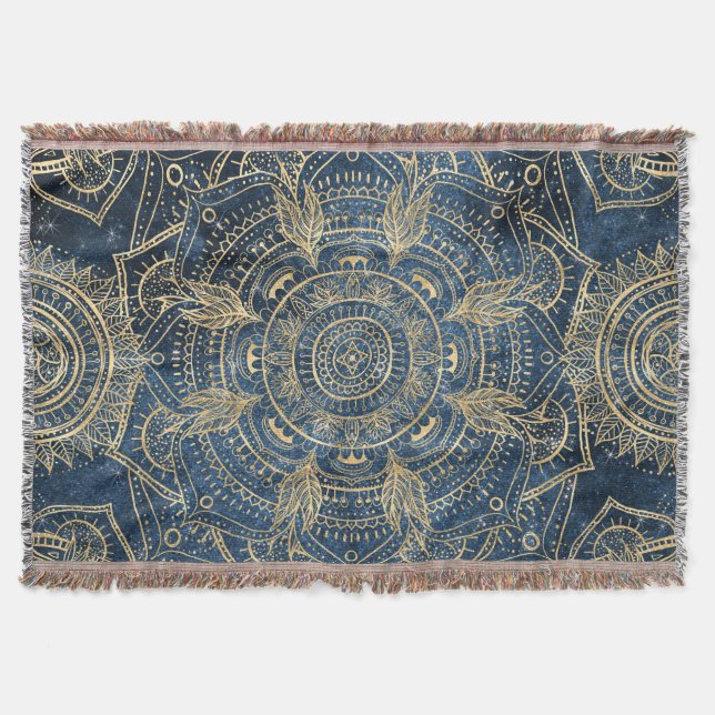 Elegant Gold Mandala Blue Whimsy Design Throw Blanket (Front)