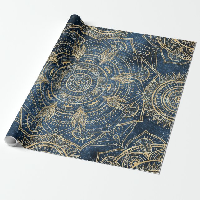 Elegant Gold Mandala Blue Whimsy Design Wrapping Paper (Unrolled)