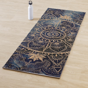 Elegant Gold Mandala Eye Sun Moon Navy Blue Yoga Mat