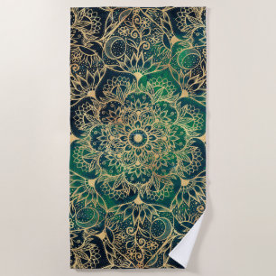 Elegant Gold Mandala Floral Green Blue Beach Towel