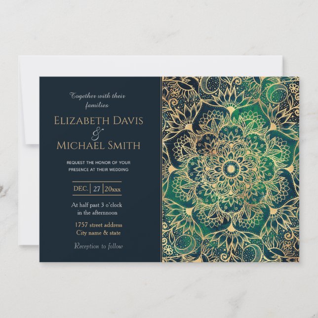 Elegant Gold Mandala Floral Green Blue Invitation (Front)