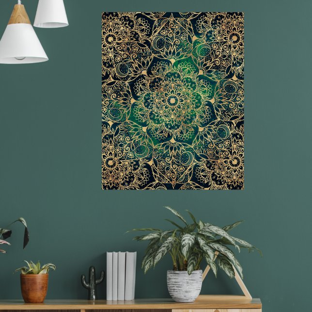 Elegant Gold Mandala Floral Green Blue Poster (Living Room 1)