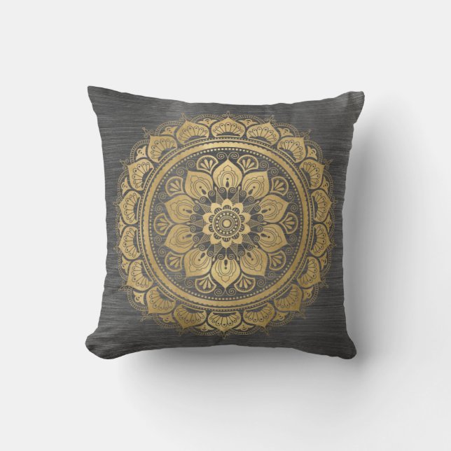 Elegant Gold Mandala Floral Pattern Throw Pillow (Front)