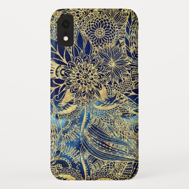 Elegant Gold Mandala Flowers Blue Nebula Case-Mate iPhone Case (Back)