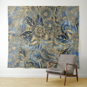 Elegant Gold Mandala Flowers Blue Nebula Tapestry