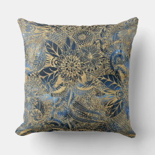 Elegant Gold Mandala Flowers Blue Nebula Throw Pillow