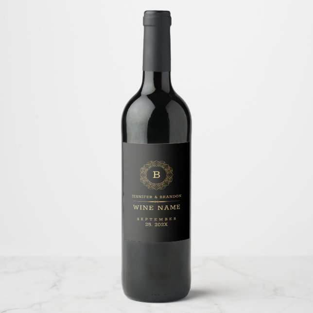 Elegant Gold Mandala Frame On Black Wine Label (Front)
