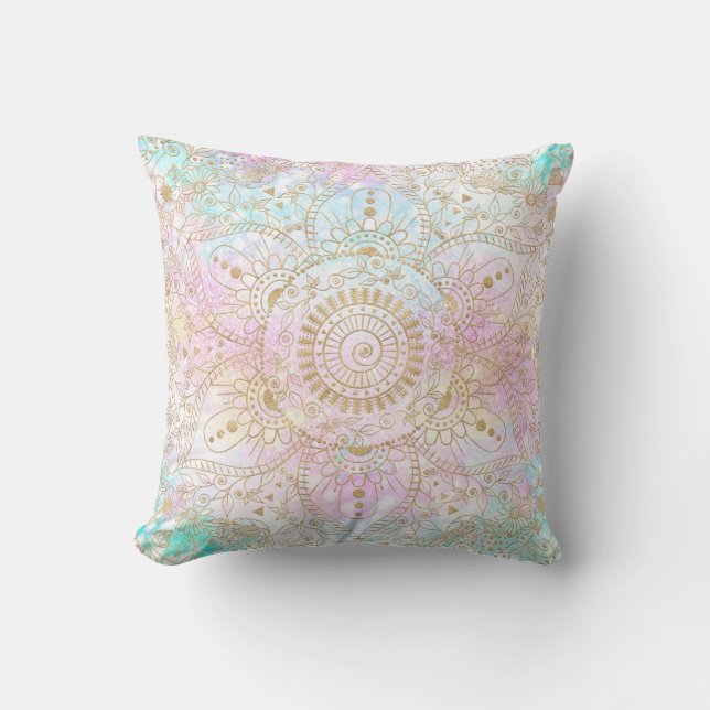 Elegant Gold Mandala & Holographic Glitter Design Throw Pillow (Front)