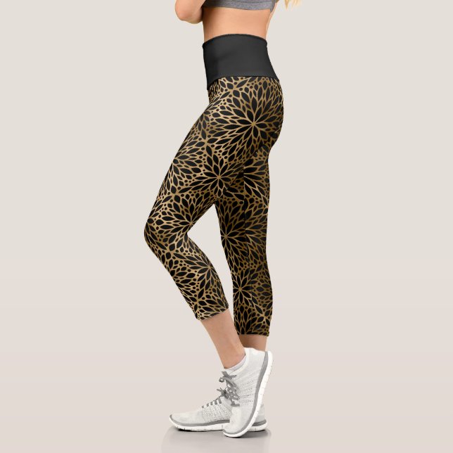 Elegant Gold Mandala Pattern on Black Capri Leggings (Left)
