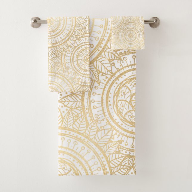 Elegant Gold Mandala Sunflower White Pattern Bath Towel Set (Insitu)