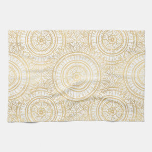 Elegant Gold Mandala Sunflower White Pattern Kitchen Towel