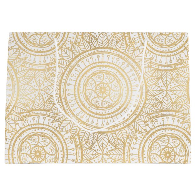 Elegant Gold Mandala Sunflower White Pattern Large Gift Bag (Front)