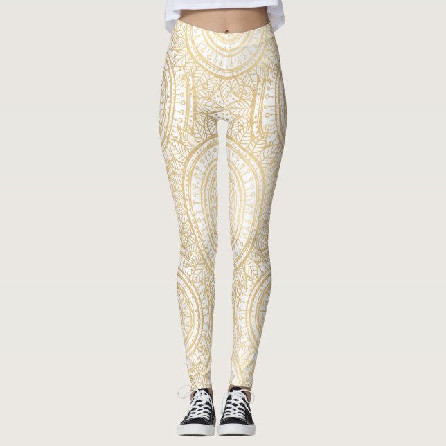 Elegant Gold Mandala Sunflower White Pattern Leggings (Front)