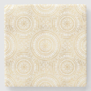 Elegant Gold Mandala Sunflower White Pattern Stone Coaster