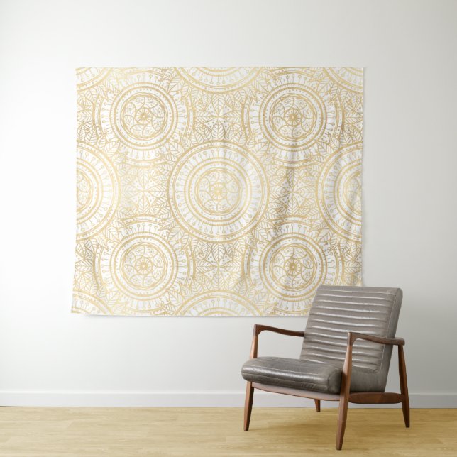Elegant Gold Mandala Sunflower White Pattern Tapestry (In Situ (Horizontal))