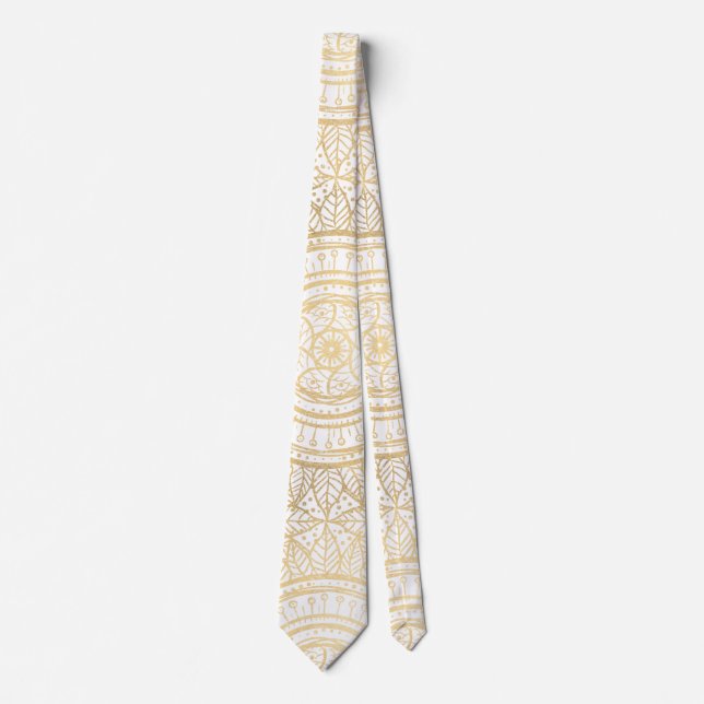 Elegant Gold Mandala Sunflower White Pattern Tie (Front)