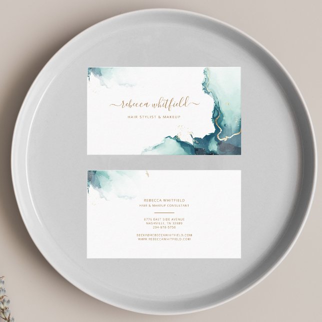 Elegant Gold Marble Agate Pattern Script Business Card (Emerald Agate Script Hair Stylist Gold Text Business Card)